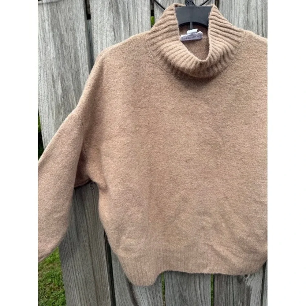 Cozy For The Republic Sweater Womens S/P Tan Mock Neck Wool Blend Drop Shoulder
